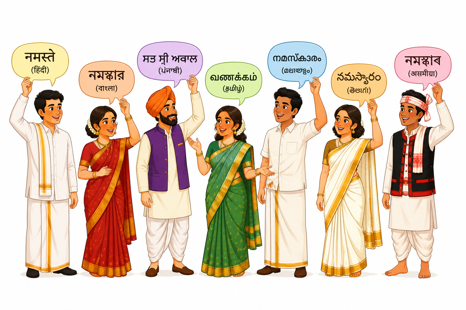 People from different Indian states with speech bubbles